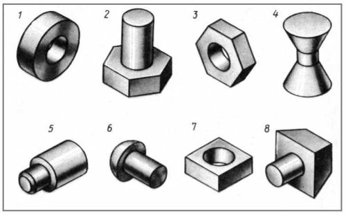 Определите, поверхности каких геометрических тел образуют форму данных деталей.