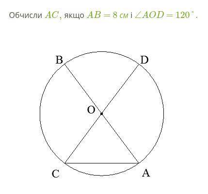 Якщо ∠AOD = 120°, то ∠СOА = ... , бо вони ...У трикутника СOА сторони ОС і ОА - ... як радіуси кола,