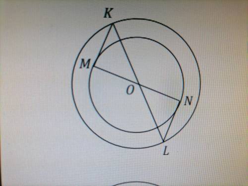 Дано два кола зі спільним центром O, MN і KL – їх діаметри. Вкажіть правильні твердження: А) ∆MOK = 