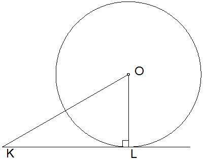 ∢ LKO = 30°. Отрезок касательной KL = 9,43–√ м. Найди длину окружности C= ___ π м.
