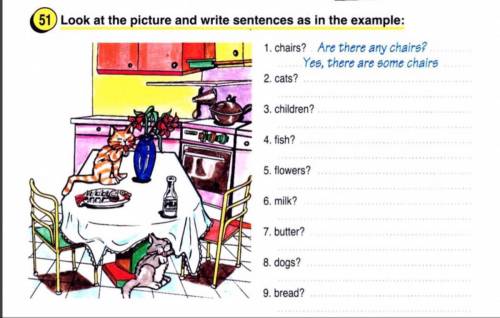 51 Look at the picture and write sentences as in the example: 1. chairs? Are there any chairs? Yes, 