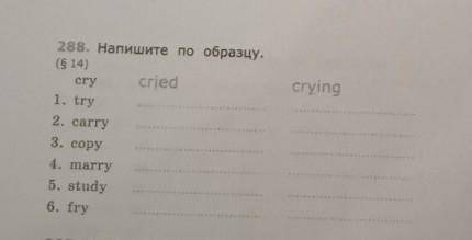 Crying 288. Напишите по образцу.(§ 14)crycried1. try2. carry3. copy4. marry5. study6. fry​