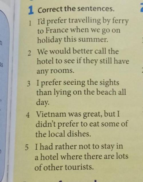 1 Correct the sentences. 1 ľd prefer travelling by ferry to France when we go on holiday this summer