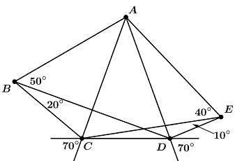 На плоскости расположен пятиугольник ABCDE такой, что ∠ACD=∠ADC=70∘, ∠ABD=50∘, ∠CBD=20∘, ∠AEC=40∘, ∠