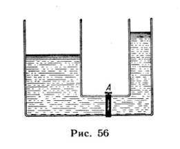 Сообщающиеся сосуды разделены краном А (рис.56). В левом сосуде находится 5 кг воды, а в правом — 2.