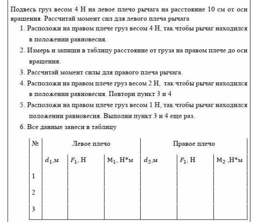 Подвесь груз весом 4 Н на левое плечо рычага на расстояние 10 см от оси вращения. Рассчитай момент с