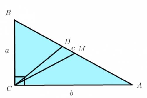 В треугольнике ABC угол C равен 90°. Угол между биссектрисой и медианой, проведёнными из вершины пря
