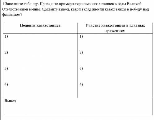 Заполните таблицу. Приведите примеры героизма казахстанцев в годы Великой Отечественной войны. Сдела