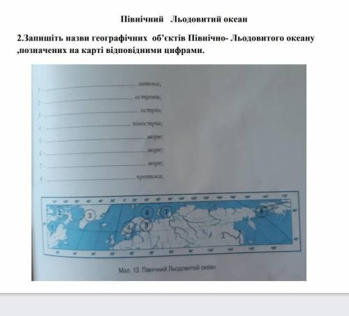 Північний Льодовитий океан 2.Запишіть назви географічних об'єктів Північно-Льодовитого океану познач