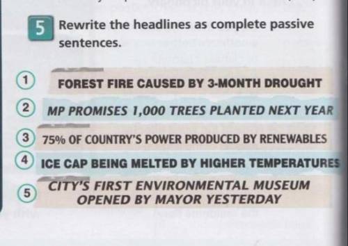Rewrite the headlines as complete passive sentences. 1) FOREST FIRE CAUSED BY 3-MONTH DROUGHT. 2) MP