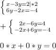 \left \{ {{x-3y=2}|*2 \atop {6y-2x=-4}} \right. +\left \{ {{2x-6y=4} \atop {-2x+6y=-4}} \right.\\\\0*x+0*y=0