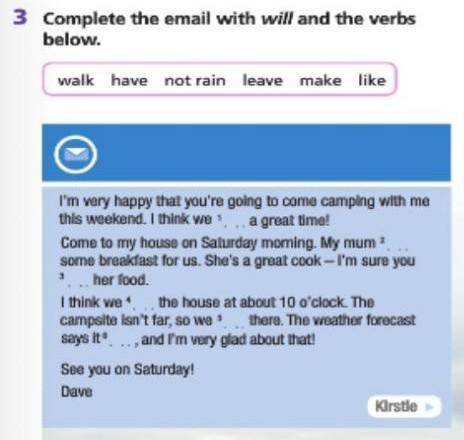 3 Complete the email with will and the verbs below.walk have not rain leave make likeI'm very happy 