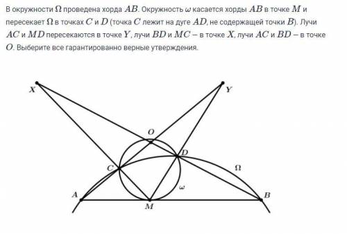 В окружности Ω проведена хорда AB. Окружность ω касается хорды AB в точке M и пересекает Ω в точках 