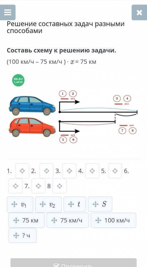 Решение составных задач разными Составь схему к решению задачи.(100 км/ч – 75 км/ч ) ⋅ x = 75 км ​