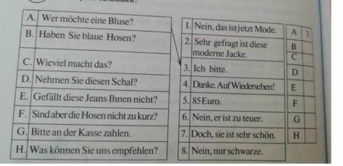 A.| Wer möchte eine Bluse? 1. Nein, das istjetzt Mode. B.|Haben Sie blaue Hosen? 2. Sehr gefragt ist