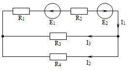 Определить токи и рассчитать баланс мощностей. e1=15;e2=5, r1 =2 Ом; r2 =3 Ом; r3=r4=10 Ом.