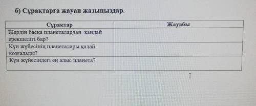 Б) Сұрақтарға жауап жазыңыздар. ЖауабыСұрақтарЖердің басқа планеталардан қандайерекшелігі бар?Күн жү