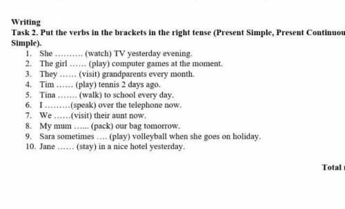 Writing Task 2. Put the verbs in the brackets in the right tense (Present Simple, Present ContinSimp