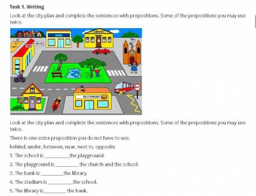 Look at the city plan and complete the sentences with prepositions. Some of the prepositions you may