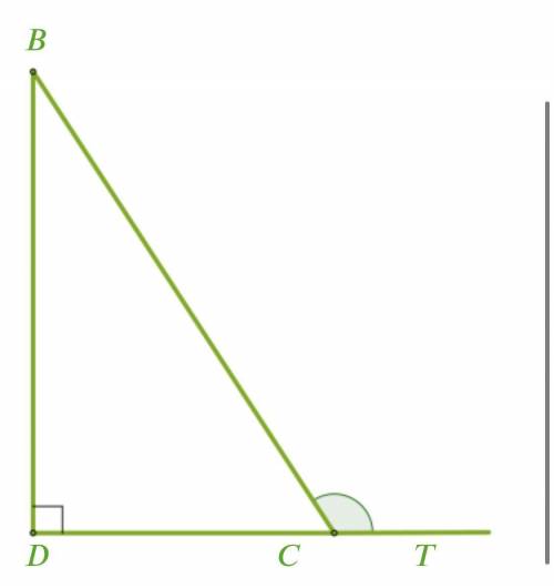 Дан прямоугольный треугольник DBC и внешний угол угла С Определи величины острых углов данного треуг