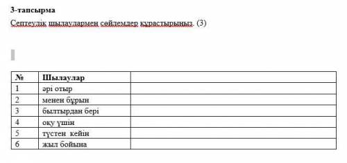 У МЕНЯ СОР Септеулік шылаулармен сөйлемдер құрастырыңыз. (3) № Шылаулар  1 әрі отыр  2 менен бұрын  