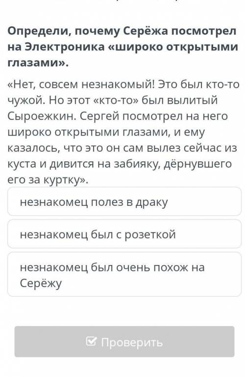 Определи, почему Серёжа посмотрел на Электроника «широко открытыми глазами». «Нет, совсем незнакомый