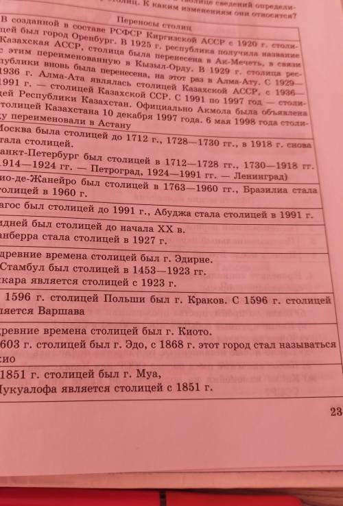 на основе анализа указанных в таблице сведений определите факторы переносу столиц к каким изменениям