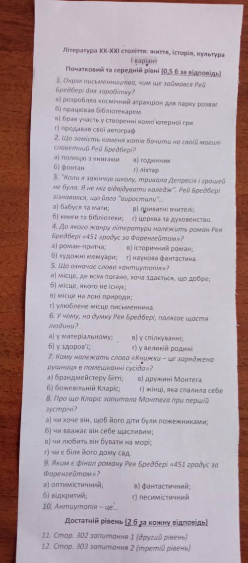 Література ХХ-ХХІ століття: життя, історія, культура І варіантПочатковий та середній рівні (0,5 б за