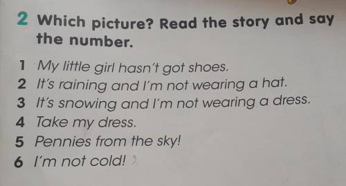 2 Which picture? Read the story and say the number.1 My little girl hasn't got shoes.2 It's raining