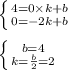 \left \{ {{4 = 0 \times k + b} \atop {0 = - 2k + b} } \right. \\ \\ \left \{ {{b = 4} \atop {k = \frac{b}{2} = 2 } } \right.