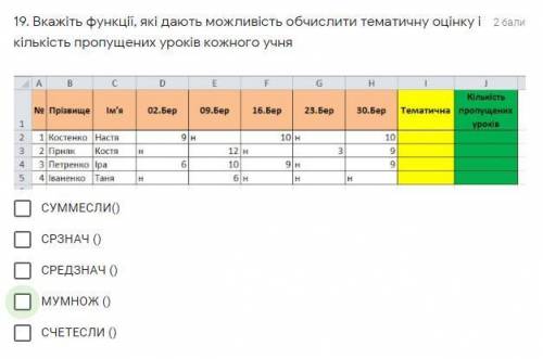 Вкажіть функції, які дають можливість обчислити тематичну оцінку і кількість пропущених уроків кожно