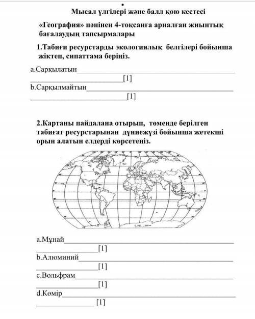 2.Картаны пайдалана отырып, томенде берілген табиғат ресурстарынан дуниежузы бойынша жетекши орын ал