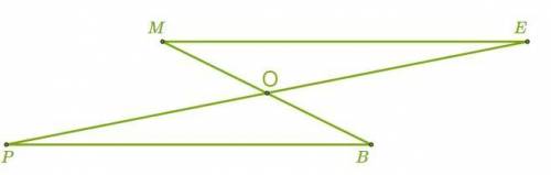 Точка пересечения O — серединная точка для обоих отрезков PE и BM. Найди величину углов ∡P и ∡B в тр