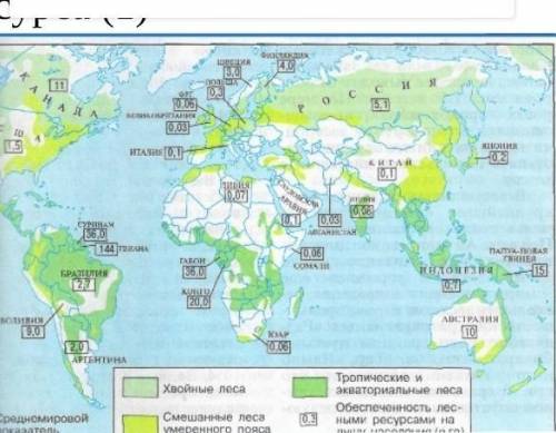 2. Выполни задания, используя карту. – А) Определи 3 страны – лидера по запасам леса (2)В) Определи