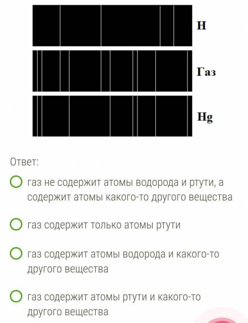 На рисунке приведены спектр излучения неизвестного газа (в середине), спектры излучения атомов водор