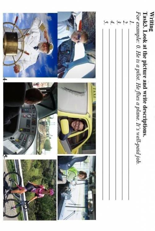 Writing Task3. Look at the picture and write descriptions. For example: 0. He is a pilot. He flies a