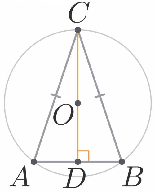 Равнобедренный треугольник ABC (AC=BC) вписан в окружность с центром O. Известно, что AB=18, DO=12,
