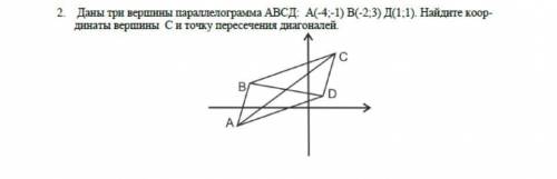 Даны три вершины параллелограма АВСД А(4;-1) В(-2,3) Д(1:1) Найдите коор- динаты вершины Си точку пе