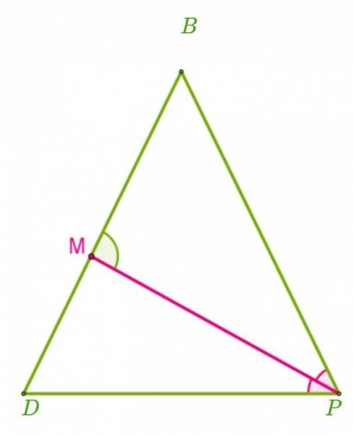В равнобедренном треугольнике DBP проведена биссектриса PM угла P у основания DP, ∡ PMB = 126°. Опре