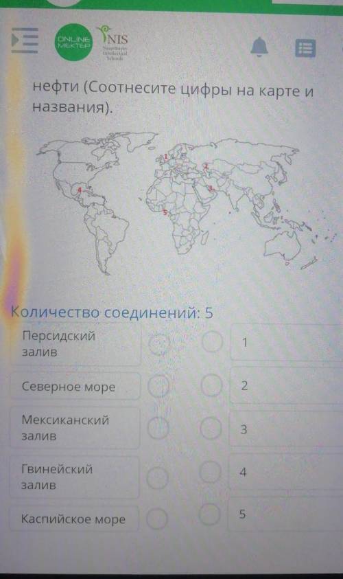 Определите на контурную карту мира 5 основные районы месторождения нефти Соотнесите цифры на карте к