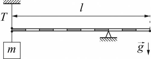 Невесомый рычаг длиной l=1 м закреплен на опоре (см. рисунок). К левому концу рычага подвешен груз м
