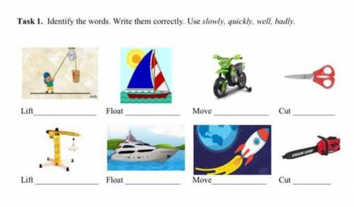 Task.2.Identify the words.Write them correctly.Use slowly, quickly, well,badly. Lift. Float. Move. C