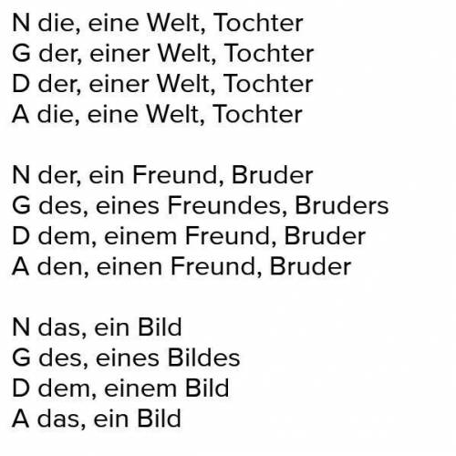 Просклоняйте следующие словосочетания по падежам. 1. ein kleiner Bruder. 2. die gute Frau