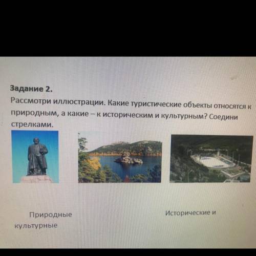 Задание 2. Рассмотри иллюстрации. Какие туристические объекты относятся к природным, а какие — к ист