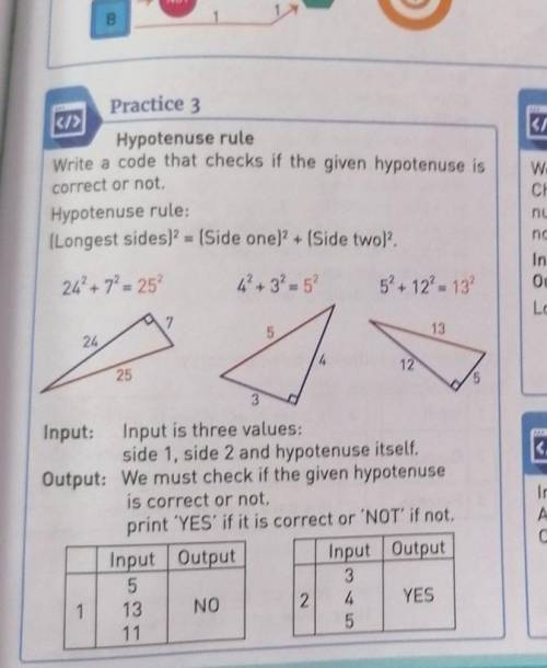 Practice 3 ki)Hypotenuse ruleWrite a code that checks if the given hypotenuse iscorrect or not.Hypot