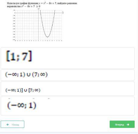 Используя график функции y=x²-8x+7 найдите решение неравенства x²-8x+7≥0 )