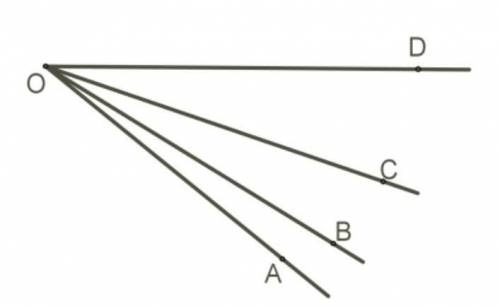 На рисунке лучи OA, OB, OC и OD нарисованы так, что выходят из общей начальной точки O. 1. Назови уг