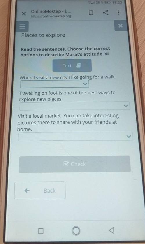 Places to explore Read the sentences. Choose the correctoptions to describe Marat's attitude. 1))Tex