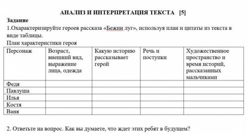 АНАЛИЗ И ИНТЕРПРЕТАЦИЯ ТЕКСТА   [5] Задание1.Охарактеризируйте героев рассказа «Бежин луг», использу