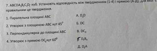 ABCDA1B1C1D1-куб. Установіть відповідність між твердженнями і прямою 1)Паралельна площині ABC 2)Утво